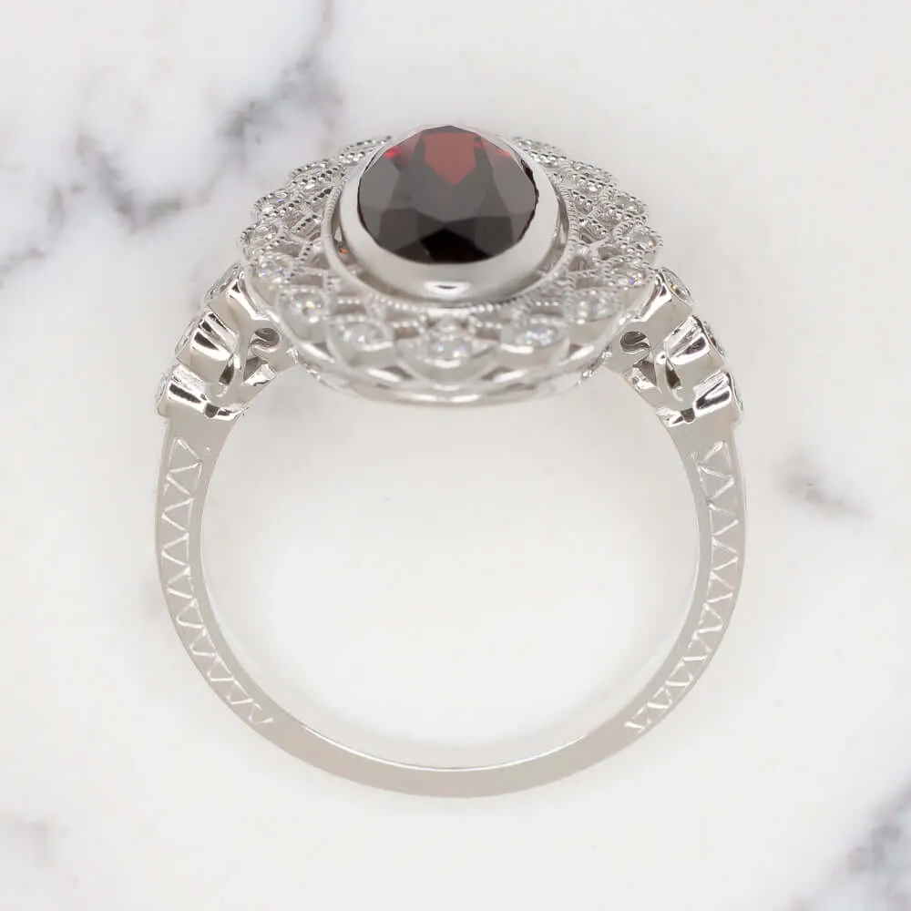 MOVAL RED GARNET DIAMOND RING VINTAGE STYLE MARQUISE HALO FILIGREE WHITE GOLD