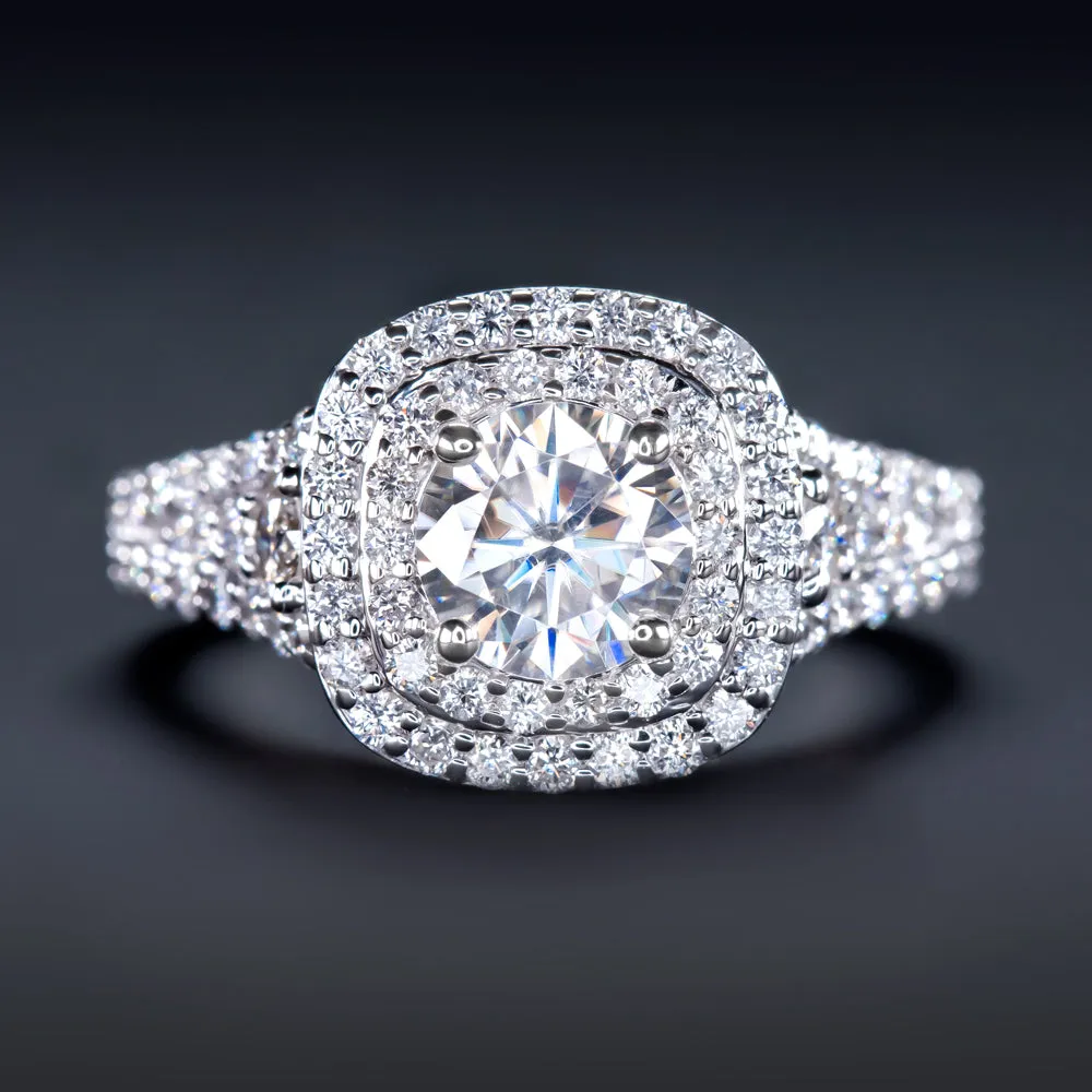 NATURAL 1.26ct DIAMOND DOUBLE HALO ROUND 1ct MOISSANITE ENGAGEMENT RING COCKTAIL