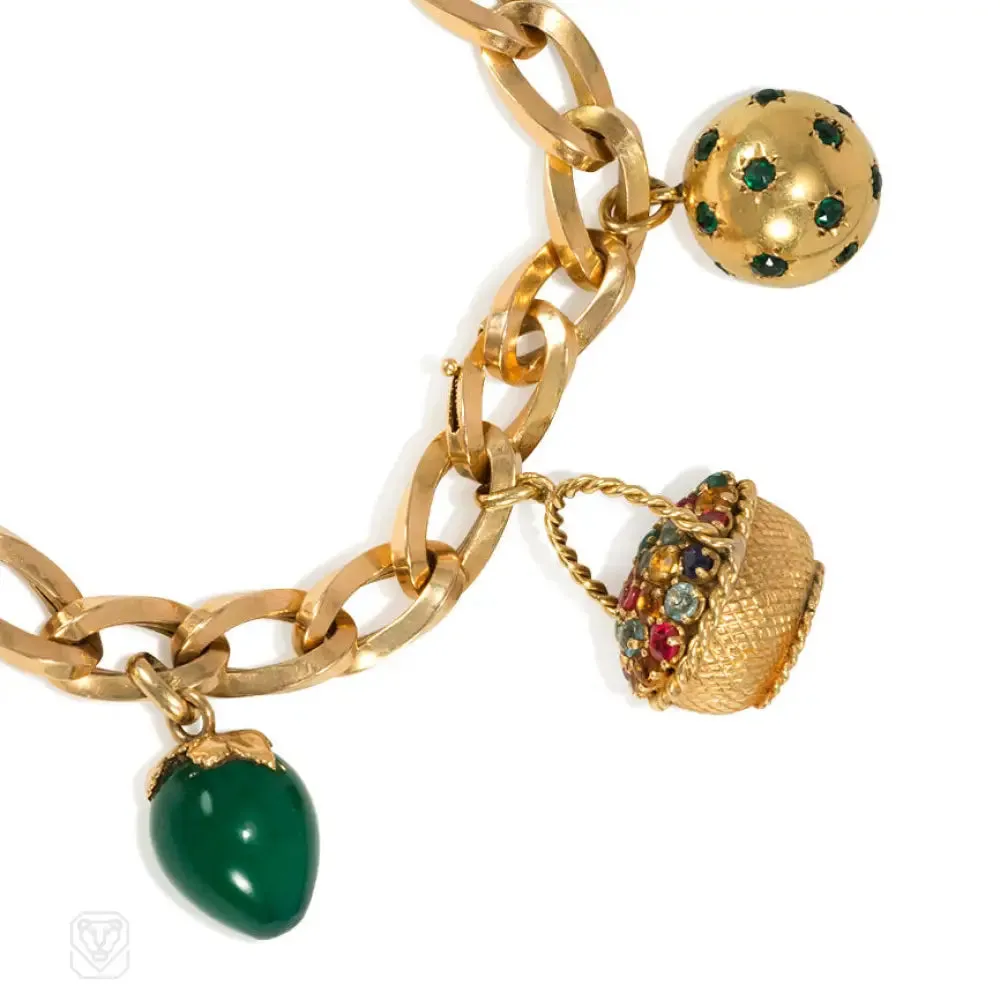 Retro French gold and multigem charm bracelet