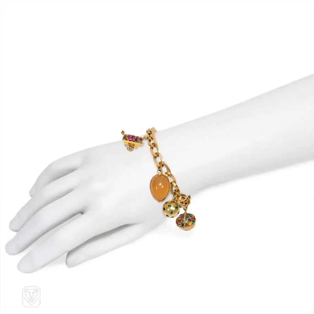 Retro French gold and multigem charm bracelet