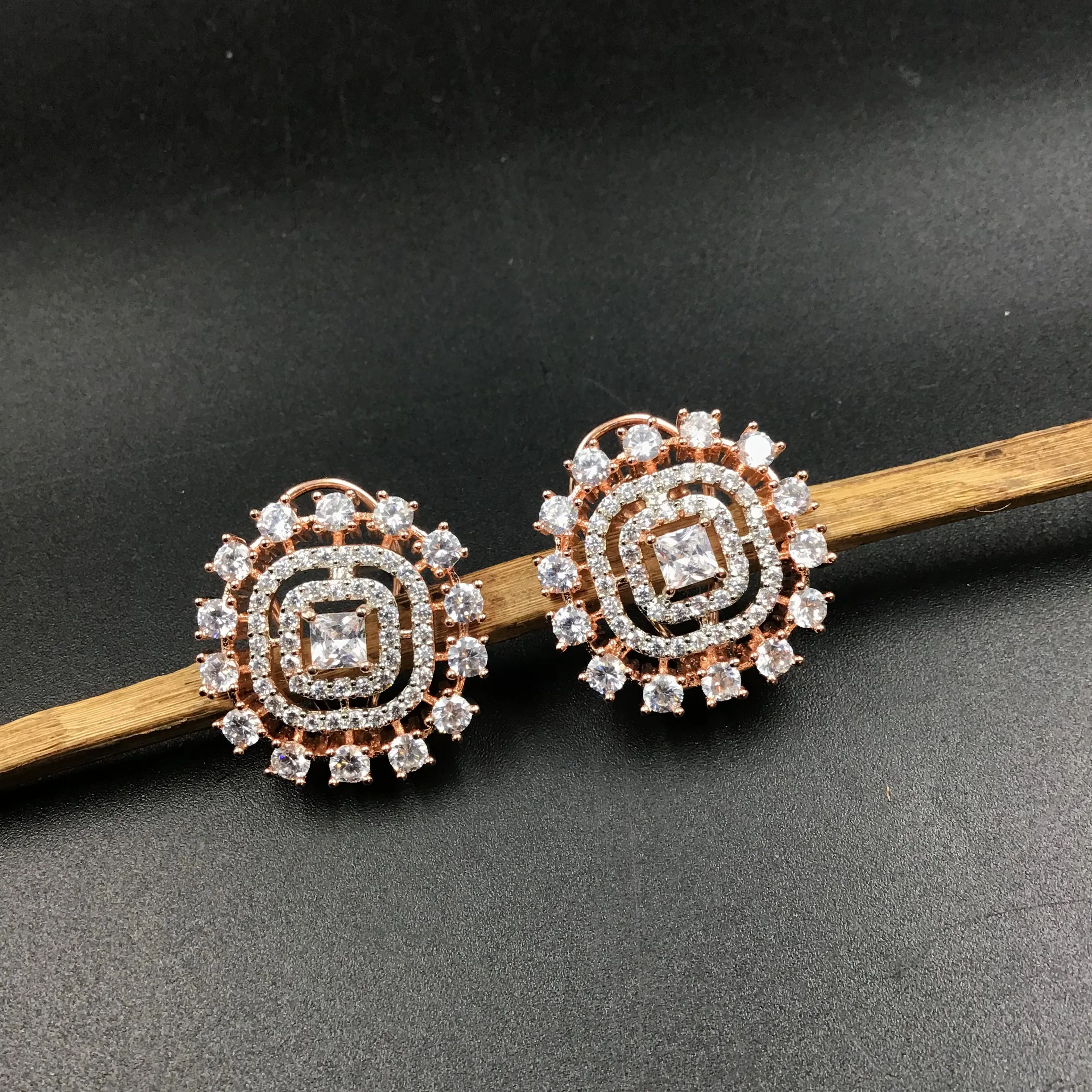 Rose Gold Plated Square Zircon/AD Tops Studs 14061