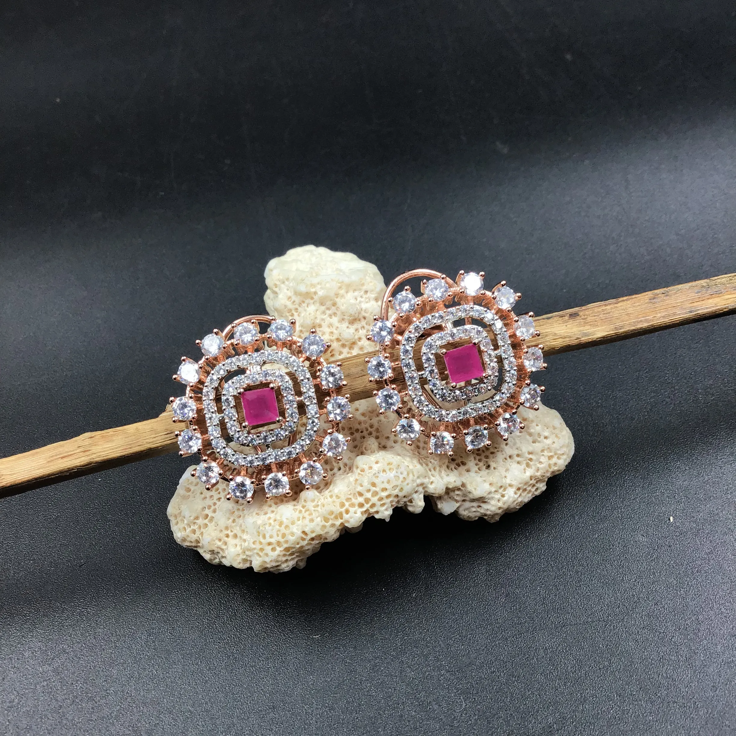 Rose Gold Plated Square Zircon/AD Tops Studs 14061