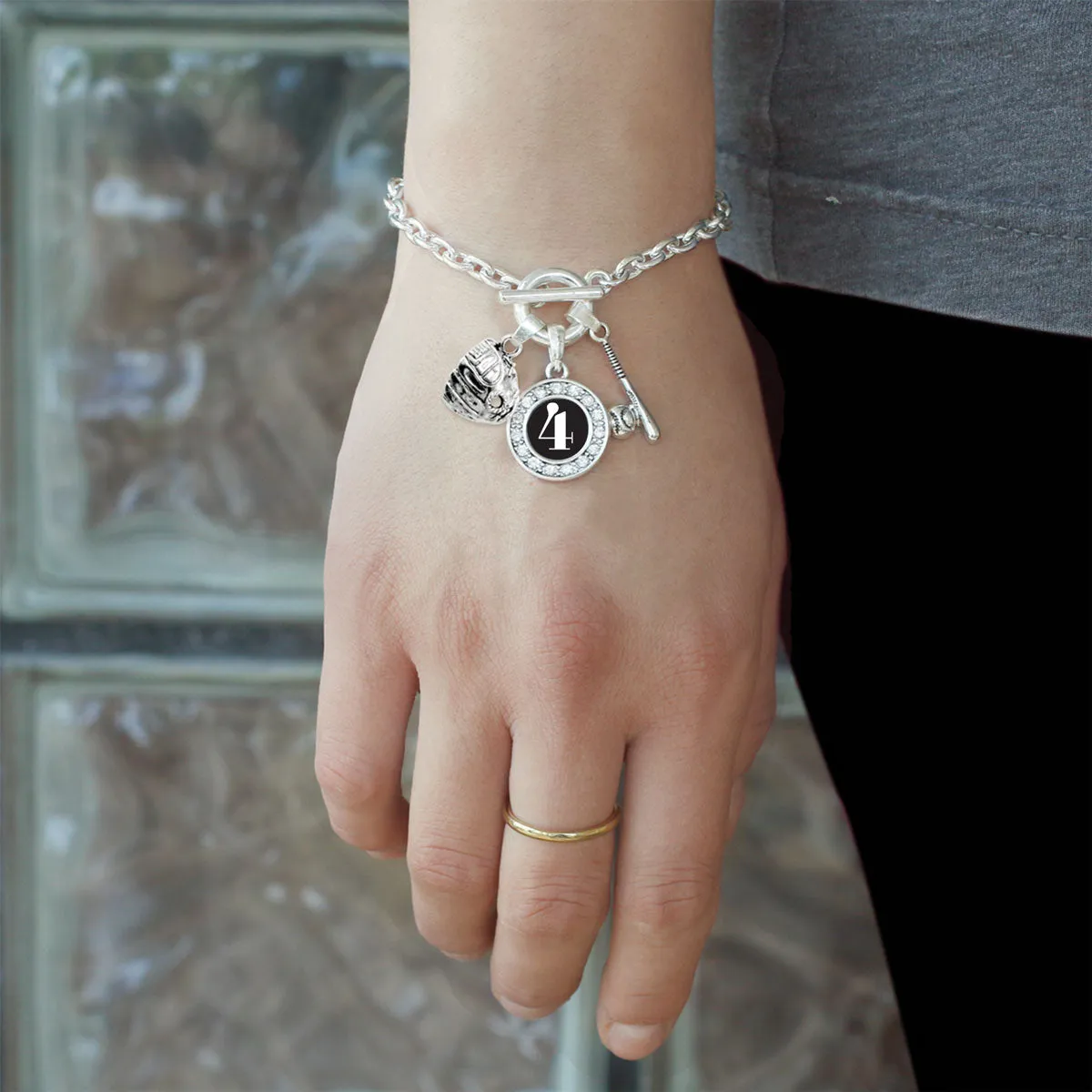 Silver Baseball/Softball - Sports Number 4 Circle Charm Toggle Bracelet
