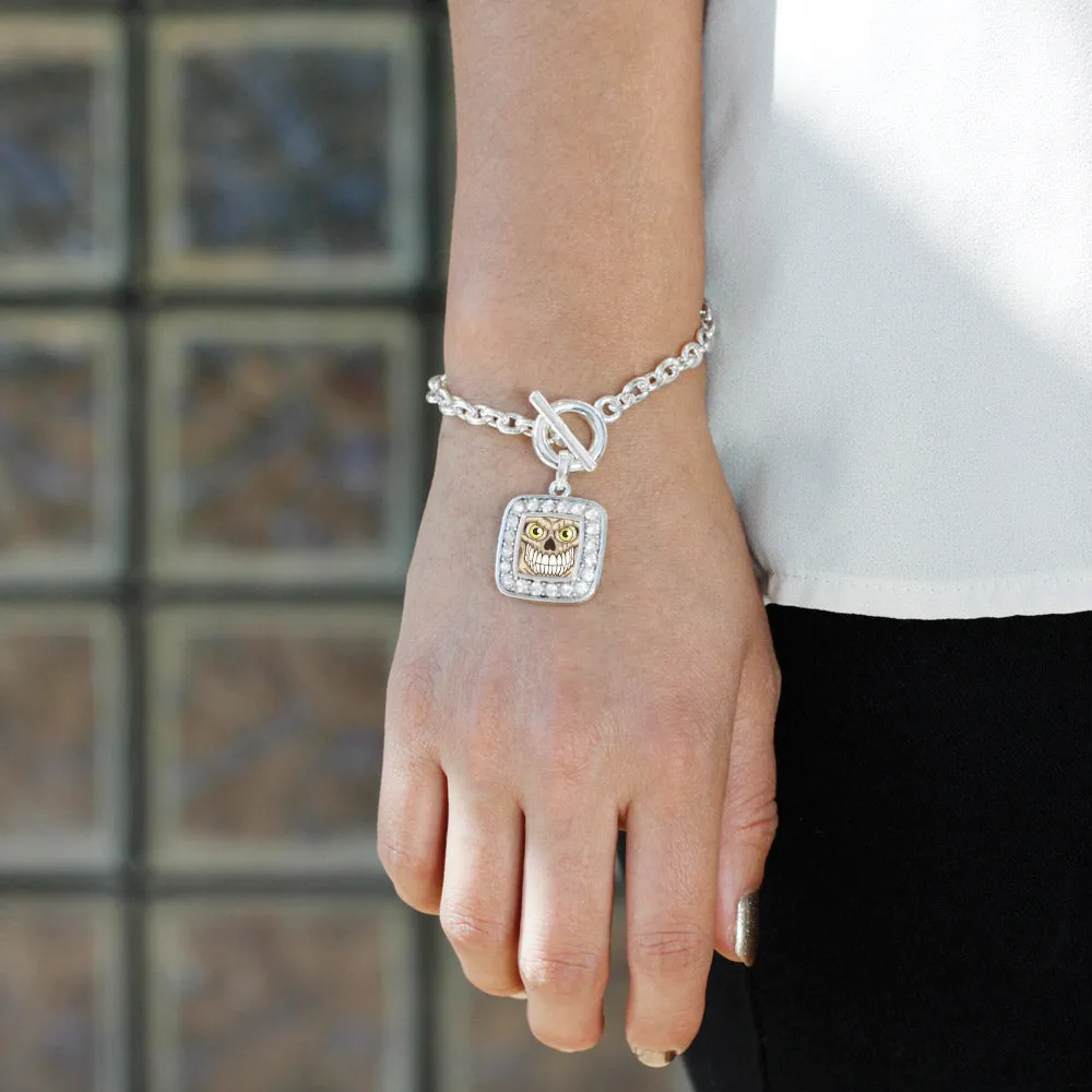 Silver Grinning Skull Square Charm Toggle Bracelet