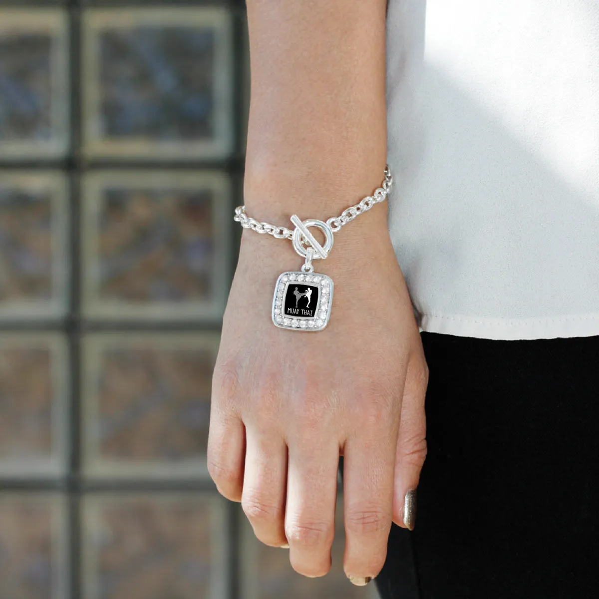 Silver Muay Thai Square Charm Toggle Bracelet