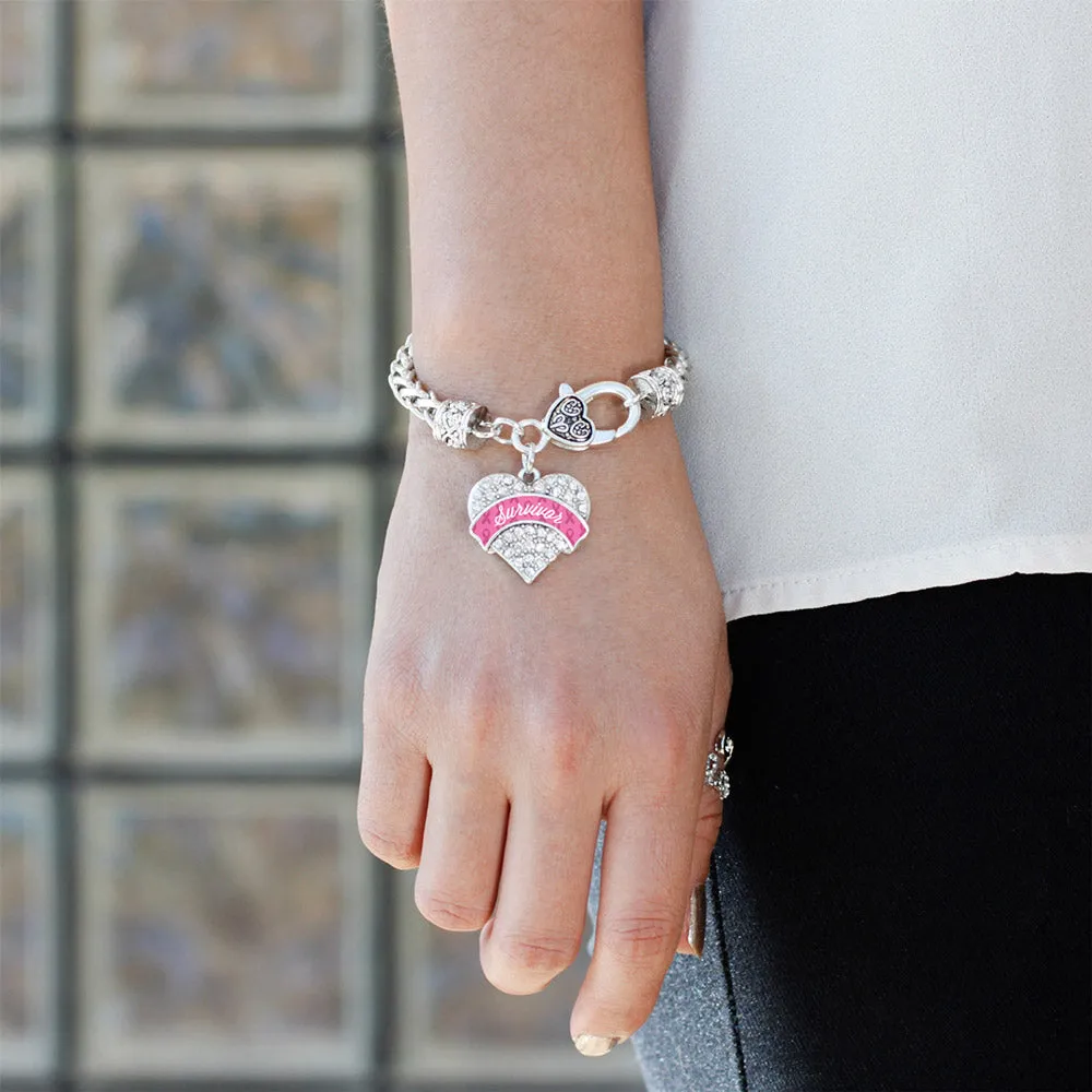 Silver Pink Survivor Pave Heart Charm Braided Bracelet