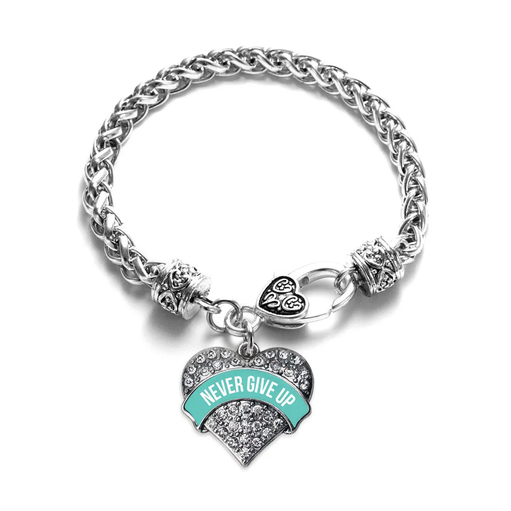 Silver Teal Banner Never Give up Pave Heart Charm Braided Bracelet