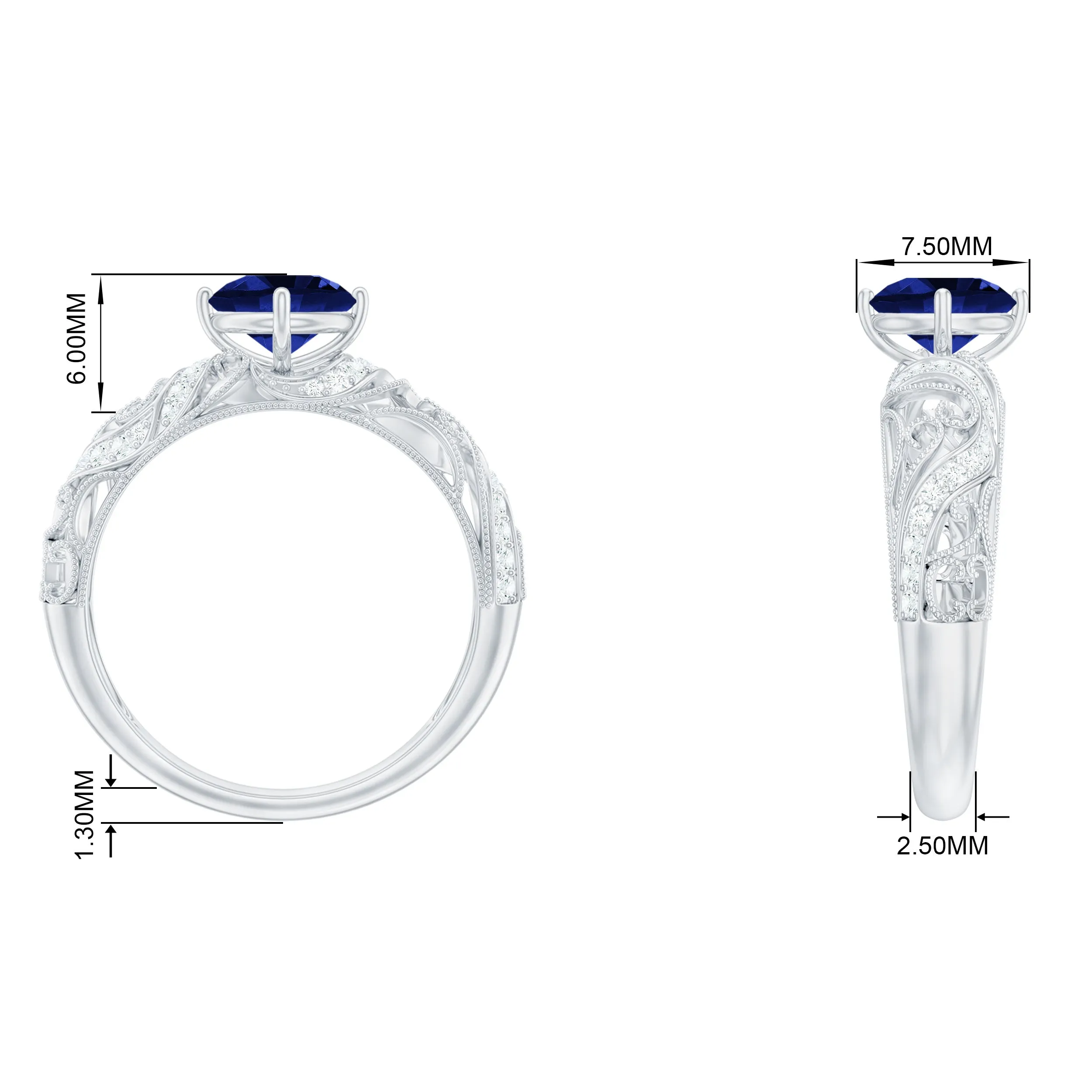 Solitaire Created Blue Sapphire Vintage Inspired Engagement Ring with Diamond