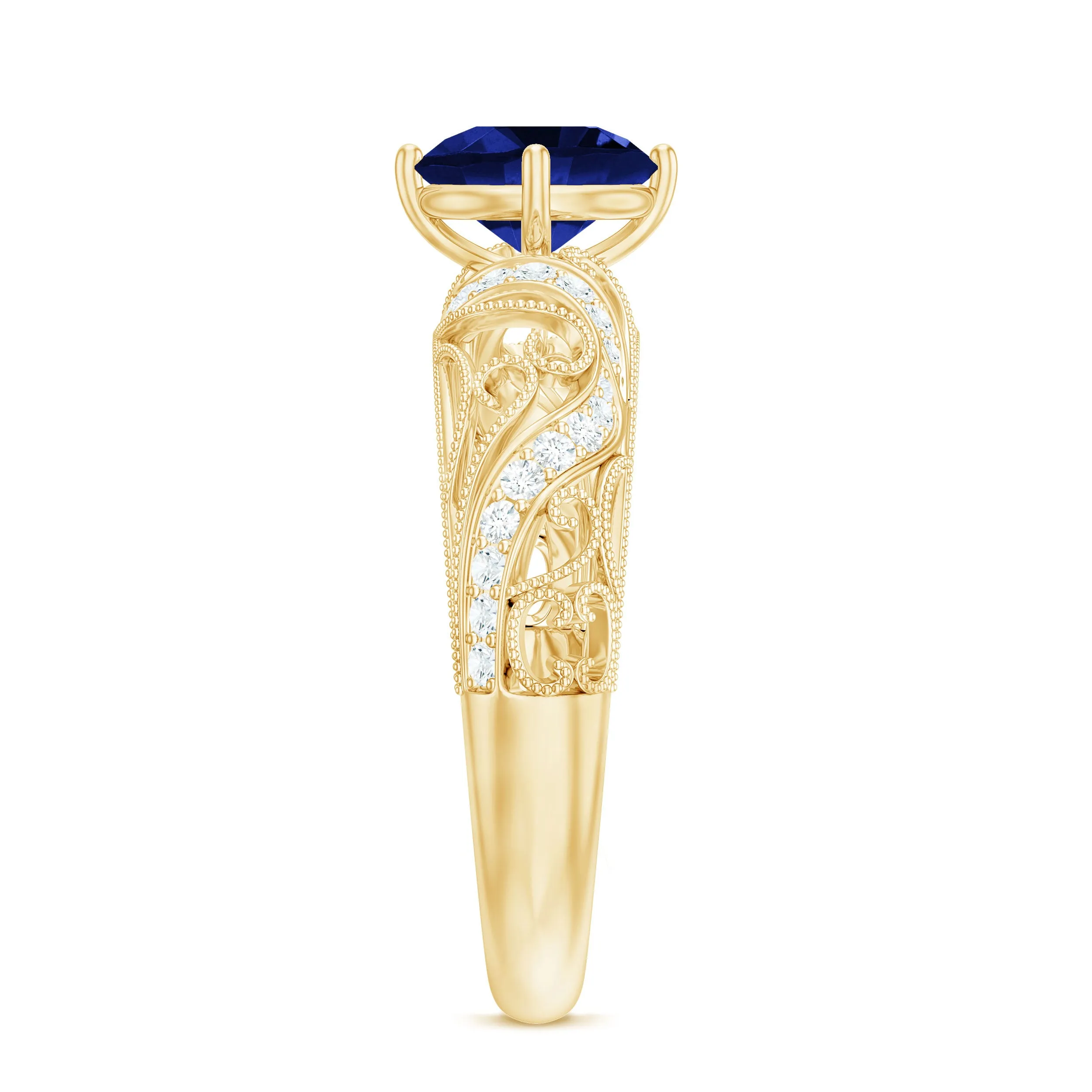 Solitaire Created Blue Sapphire Vintage Inspired Engagement Ring with Diamond