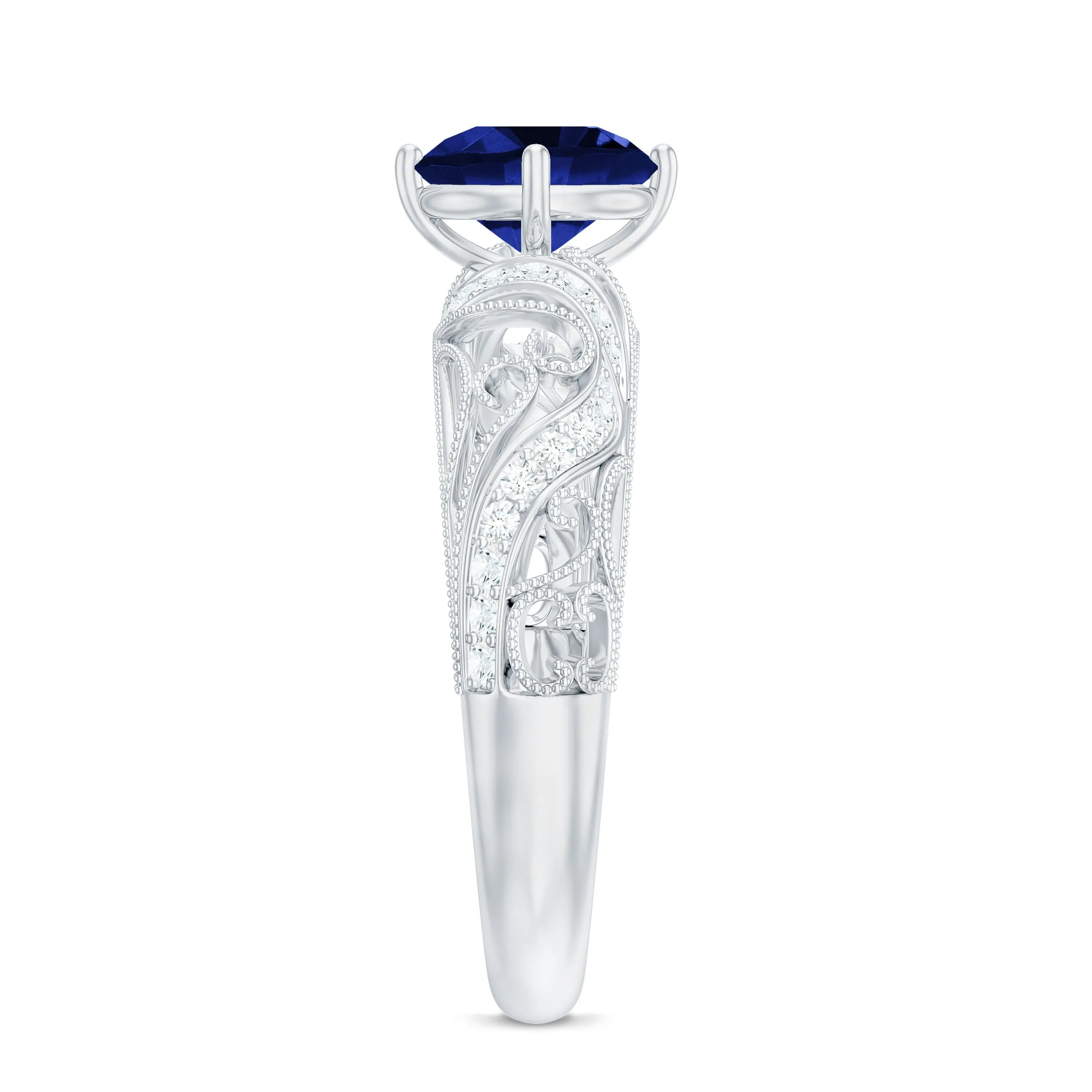 Solitaire Created Blue Sapphire Vintage Inspired Engagement Ring with Diamond