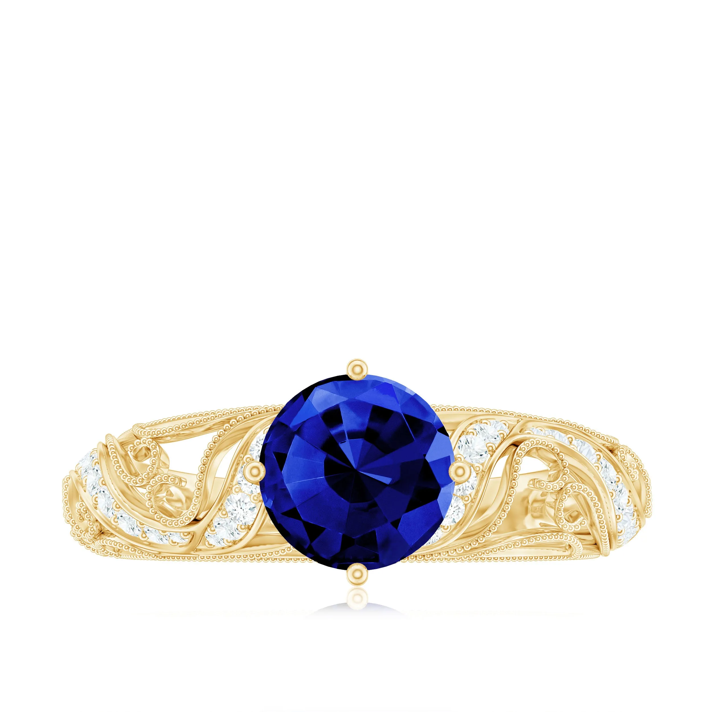 Solitaire Created Blue Sapphire Vintage Inspired Engagement Ring with Diamond