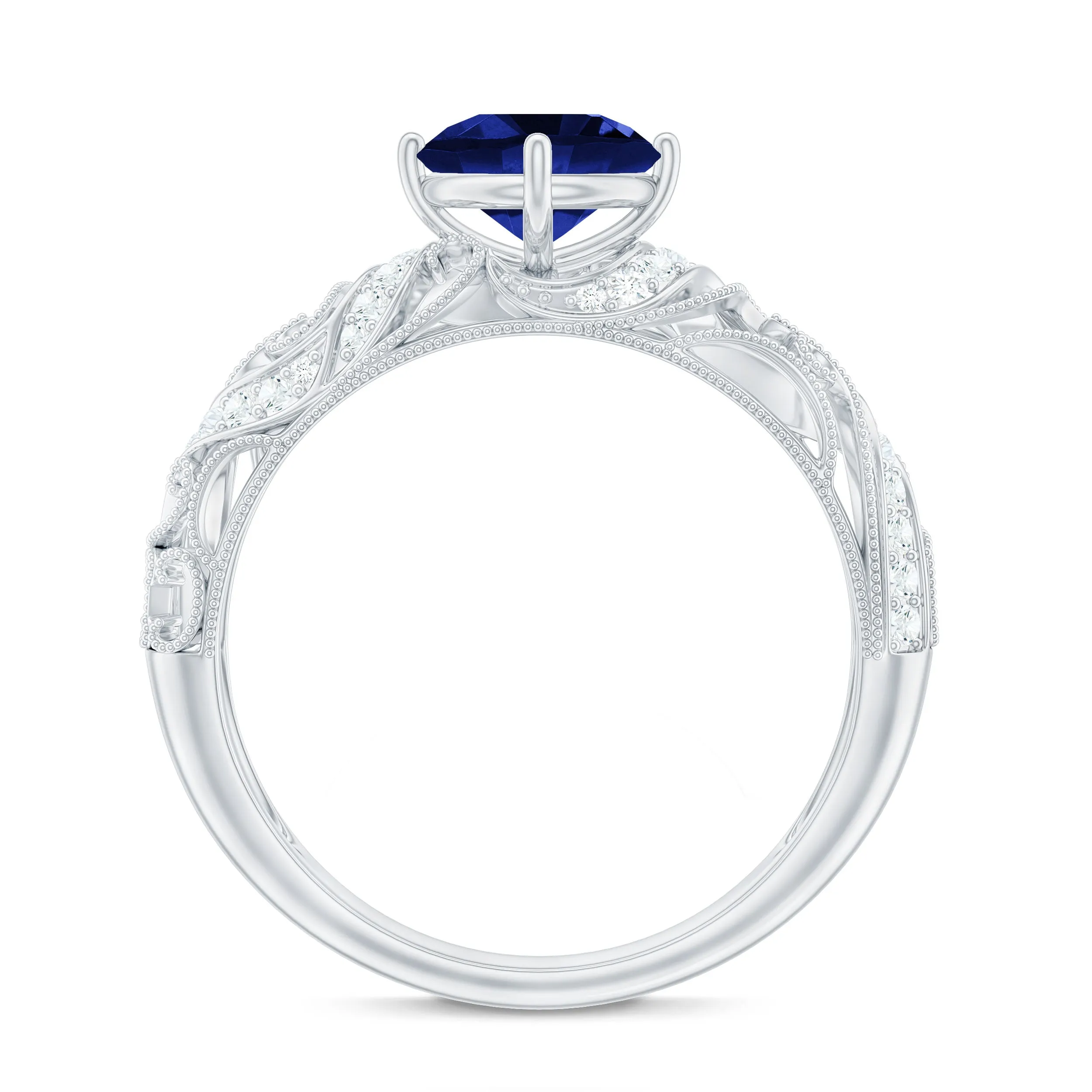 Solitaire Created Blue Sapphire Vintage Inspired Engagement Ring with Diamond