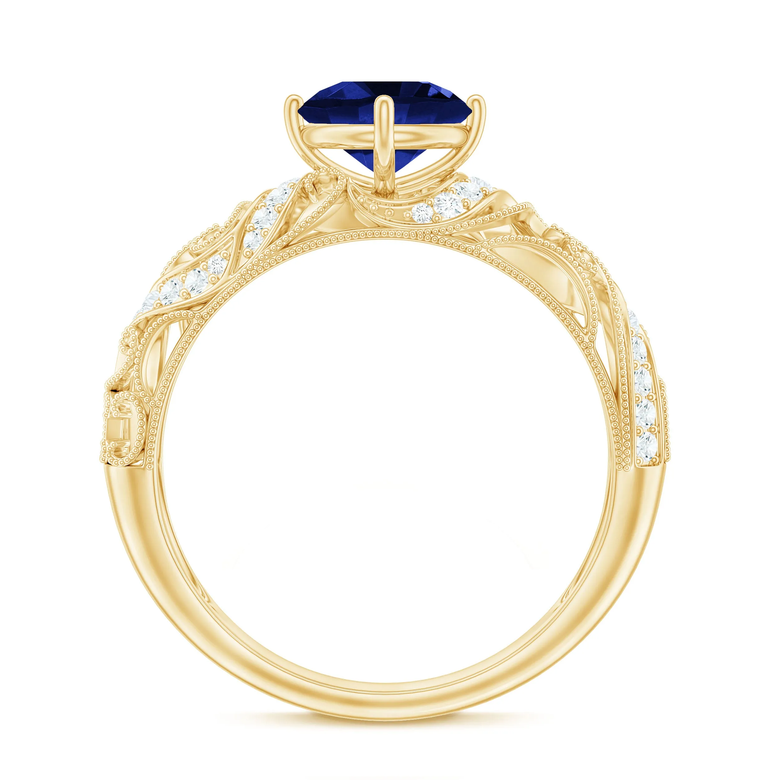 Solitaire Created Blue Sapphire Vintage Inspired Engagement Ring with Diamond